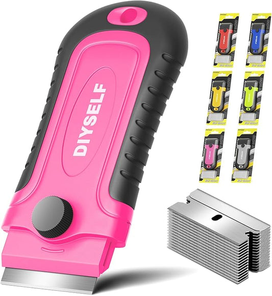 DIYSELF 1 Pack Razor Blade Scraper with 15 Extra Blades, Scraper Tool for Cleaning Window, Paint, Cooktop, Oven, Glass Stove Top Scraper, Razor Scraper with Buit-In Blade Storage (Pink)