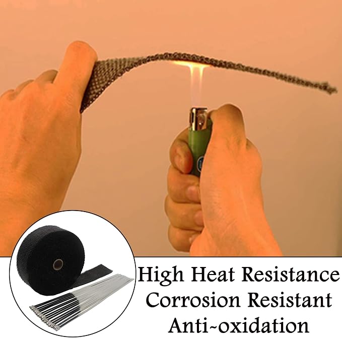 Deecam Exhaust Heat Wrap, 2 Roll 2'' x 50' Exhaust Header Wrap, Black Fireglass Heat Tape for Motorcycle Manifold Pipe Heat Shield with 24 Stainless Steel Ties