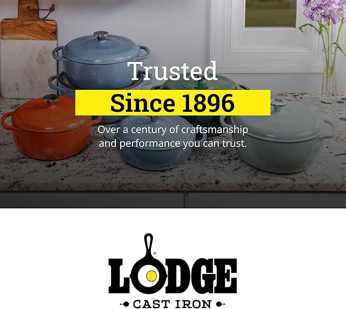 Lodge Essential Enamel Cast Iron Dutch Oven 6 Quarts - Perfect for Bread Baking, Braising, Marinating & Slow Cooking, Features Moisture-Sealing Lid & Dual Handles, Kitchen Essentials, Midnight Chrome