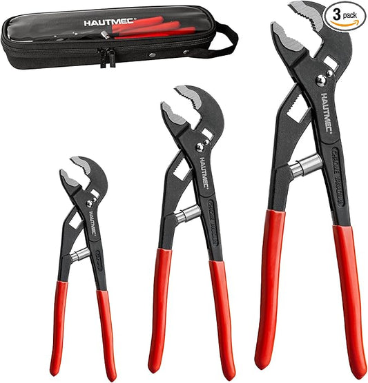 HAUTMEC 3PCS Tongue and Groove Joint Pliers Tool Set, Auto-Adjusting Water Pump Pliers Set with Storage Tool Bag, Comfort Grips, 7 10 12Inch Plier Rust-Proof CRV Steel Construction for Plumbing