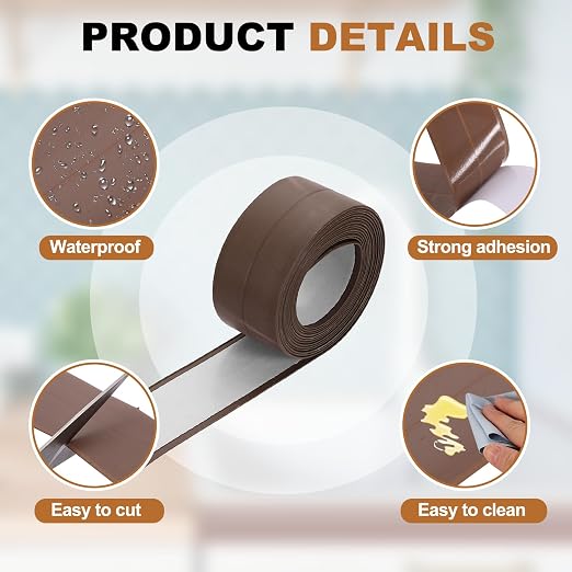 uxcell Caulk Tape Waterproof, 0.83 Inch x 4.92 ft Self-Adhesive Sealant Sealing Strip Caulking Sealant Tape PVC with Tool for Kitchen Sink Toilet Bathroom Bathtub Floor, Brown