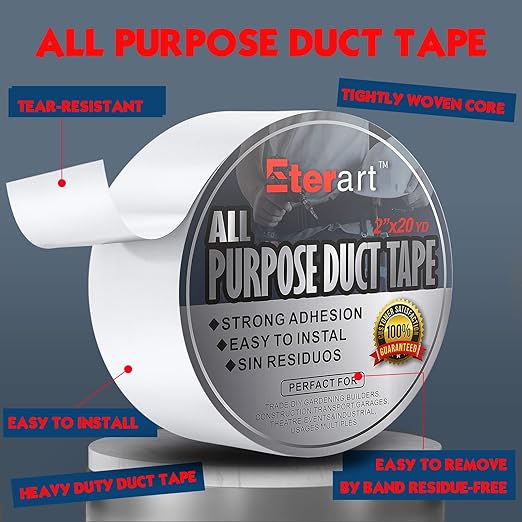 ETERART Heavy Duty White Duct Tape, Tear by Hand & Residue-Free Industrial Strength Adhesive, Waterproof Multi-Purpose Tape for Moving, Outdoor Repair and Home DIY, 2 Inch x 20 Yards