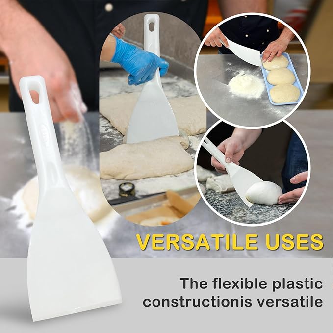 Pizza Dough Scraper 2 Pack with Handle Food Safe Scraper Tool 4 Inch Flexible Plastic White Dough Spatula Bench Scraper