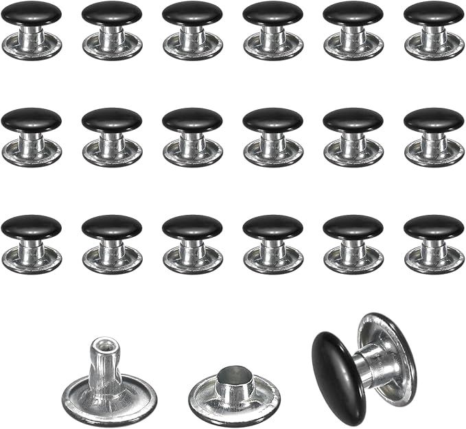 uxcell 120 Sets Leather Rivets, 8mm Double Cap Rivets, 6mm Height Tubular Metal Studs for Leather Craft Repair and Decoration DIY Clothes, Shoes, Bags, Belts, Bright Black