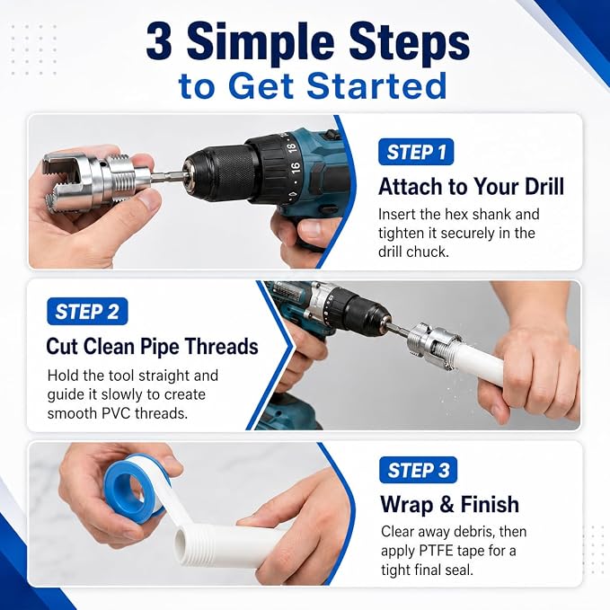 PVC Pipe Threader Kit, Internal And External Threading Tool For 1/2 3/4 1 Inch Plastic Pipes, Drill Compatible Pipe Thread Cutting Tool Set With 3 Hex Adapters, Gloves And Thread Seal Tape