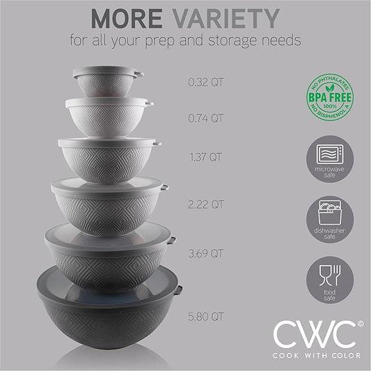 COOK WITH COLOR Mixing Bowls with Lids - 12 Piece Plastic Nesting Bowls Set includes 6 Prep Bowls and 6 Lids, Microwave Safe Mixing Bowl Set, Grey Rhombus