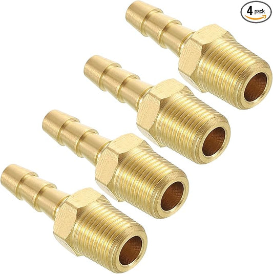 Pack of 4 Brass Hose Barb Fittings Adapter Connector 3/16" Hose Barb to 1/8" NPT Male Fittings for Home Machines, Massage Bathtubs, and Irrigation Systems