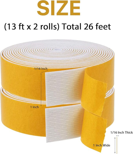 Foam Weather Stripping-2 Rolls, 1 Inch Wide X 1/16 Inch Thick Total 26 Feet Long, Foam Strip with Adhesive for Doors and Windows Insulation(13 ft x 2 Rolls)