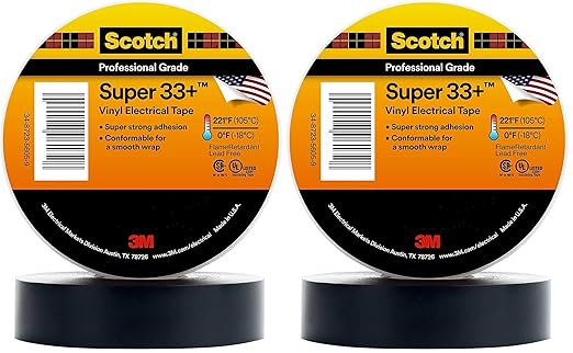 3M Scotch Super 33+ Electrical Tape - 3/4 in x 36 yds, Premium Grade All-Weather Vinyl, Resistant to Abrasion, Moisture, Corrosion, Alkalies - Black, 1 Roll (Pack of 2)