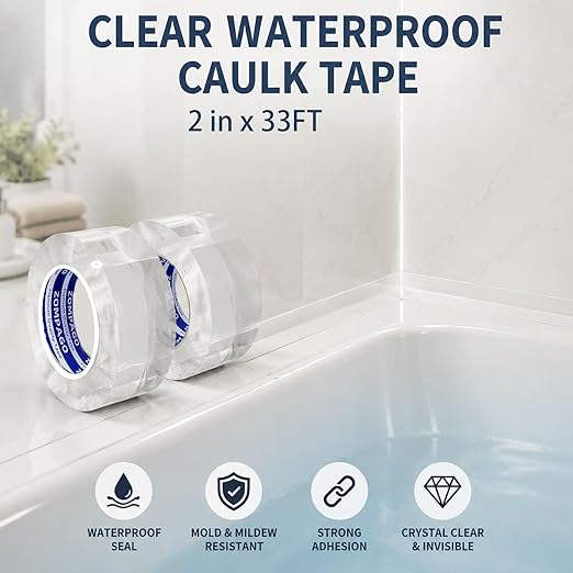 ZOMPAGO Caulk Tape 2in x 32.8FT Clear Waterproof Self Adhesive Caulking Tape Peel and Stick Caulk Strip for Bathroom Bathtub Toilet Kitchen Vanity Stain Resistant