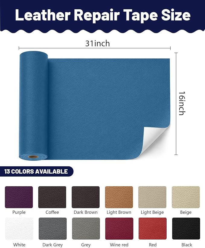 BOUYEER Leather Repair Patch Tape Kit,Self Adhesive Leather Repair for Sofa，Car Seat,Office Chair,Furniture,Jacket,Waterproof Strong Adhesive Vinyl Repair Kit. 16 in x 31 in,Blue