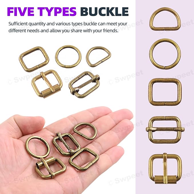 Swpeet 5 Style Metal Buckles - Adjustable Slide, D Ring, Circular Ring