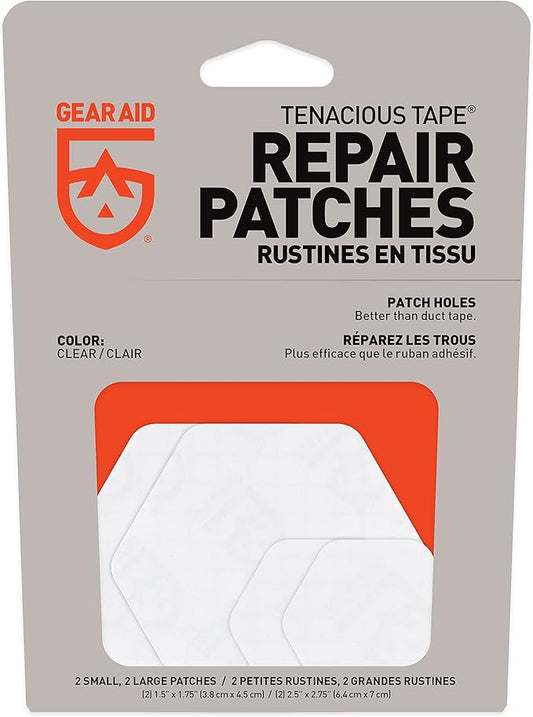 GEAR AID Tenacious Tape Hex – 2.5” & 1.5” Repair Patches (4 Patches: Two 2.5” & Two 1.5”, Clear) – Peel-and-Stick Outdoor Nylon Fabric to Fix Holes and Burns in Down Jackets, Rain Gear and Tents