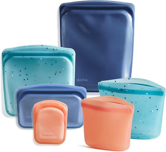 Stasher Silicone Reusable Food Storage Bags, 6-Pack Starter Kit, Reusable Freezer Bags, Microwave, Dishwasher, Oven Safe, Sous Vide, Lunch Containers, Eco Friendly, Snack Bag, Sea Spray | Reusable Food Bags