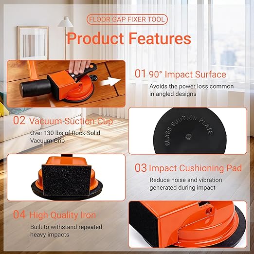 Heavy-Duty Floor Gap Fixer Tool with Robust Rubber Mallet & 5 PCS Reusable Nano Adhesive Pads – High-Grip Pro Suction Cup Repair Kit for Laminate & Vinyl Plank, Ideal for Gap Filling