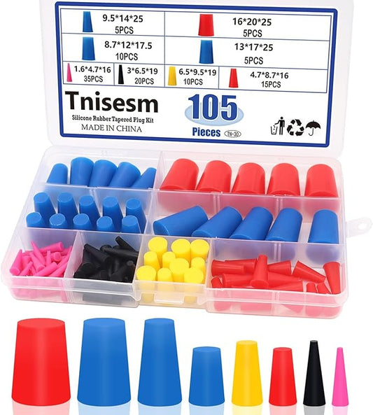 Tnisesm 105Pcs 1/16" to 5/8" Silicone Rubber Tapered Plug Assortment Kits for Masking Off Holes During Powder Coating, Painting, Hydro Dipping, Media Blasting