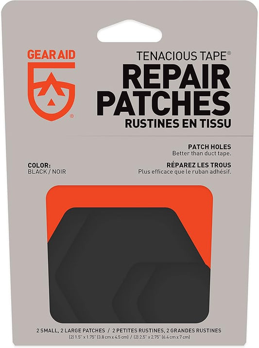 GEAR AID Tenacious Tape Hex – 2.5” & 1.5” Repair Patches (4 Patches: Two 2.5” & Two 1.5”, Black) – Peel-and-Stick Outdoor Nylon Fabric to Fix Holes and Burns in Down Jackets, Rain Gear and Tents
