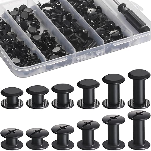 YORANYO 100Sets Black Chicago Screws Leather Rivets Kit for Fabric Leather Crafting Assorted 6 Sizes Chicago Binding Screws for Decorate and Repair Belt Bag Shoes Purse Pet Collar Clothing Bookbinding