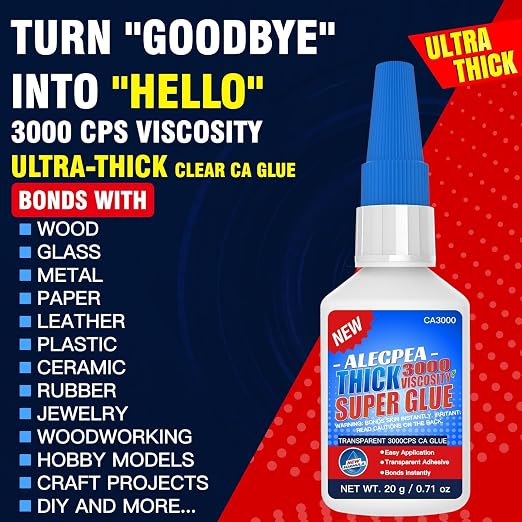 20g Thick CA Glue (3000 CPS), Instant Clear Cyanoacrylate Glue for Wood, Glass, Metal, Paper, Leather, Plastic, Ceramic, Rubber, Jewelry, Woodworking, Hobby Models, and Craft Project