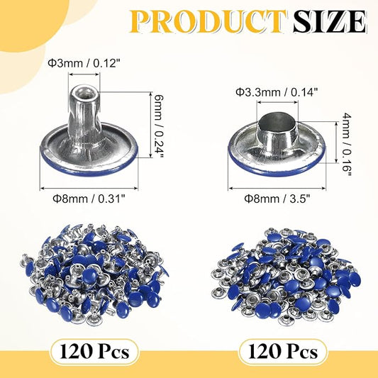 uxcell 120 Sets Leather Rivets, 8mm Double Cap Rivets, 6mm Height Tubular Metal Studs for Leather Craft Repair and Decoration DIY Clothes, Shoes, Bags, Belts, Dark Blue