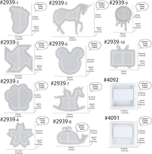Epoxy Resin Shaker Silicone Molds Set Mouse Head, Flower, Footprint, Dolphin, Windmill, Unicorn, Bear's Paw, TV, Rocking Horse, Drippy Circle, Media Players 12-Count