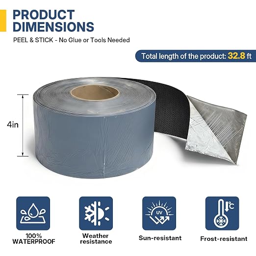 32.8ft X 4in EPDM Rubber Roofing Seam Tape, Self Adhesive Butyl Sealant Tape Waterproof Sealing Tape for Roof Patch & Repair, Peel and Stick Roofing Patch for RV, Pipe, Window Sill, Boat Sealing
