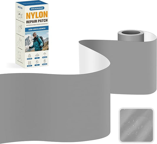 KING MOUNTAIN Self Adhesive Nylon Fabric Repair Tape, 4×63 Inches, Quick Down Jacket Repair Patch, Waterproof Outdoor Gear Patch Kit for Tent,Backpacks,Umbrella, Gloves, Sleeping Bag (Grey)