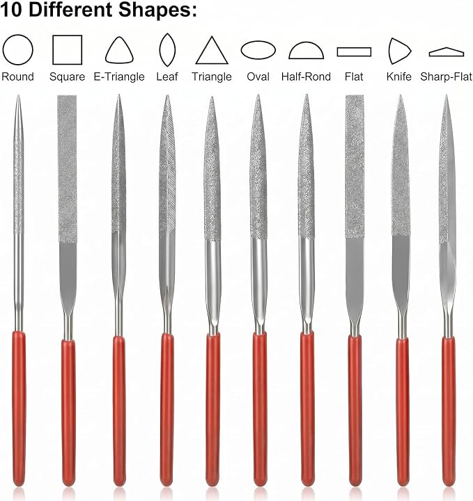 11 Pcs Mini Diamond Needle File Set Small Metal Riffler Files Jewelers File Precision Hand Tools with Leather Case for Glass Wood Stone Jewelry Plastic Carving Round Triangular Square Flat Shape