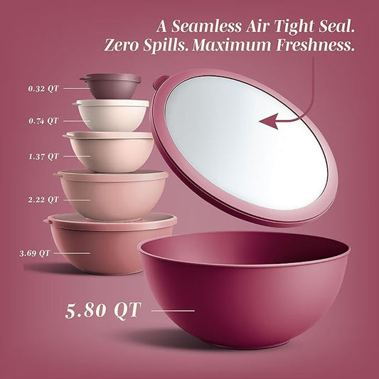 COOK WITH COLOR Mixing Bowls with Lids - 12 Piece Plastic Nesting Bowls Set includes 6 Prep Bowls and 6 Lids, Microwave Safe Mixing Bowl Set, Rose TPR Lid