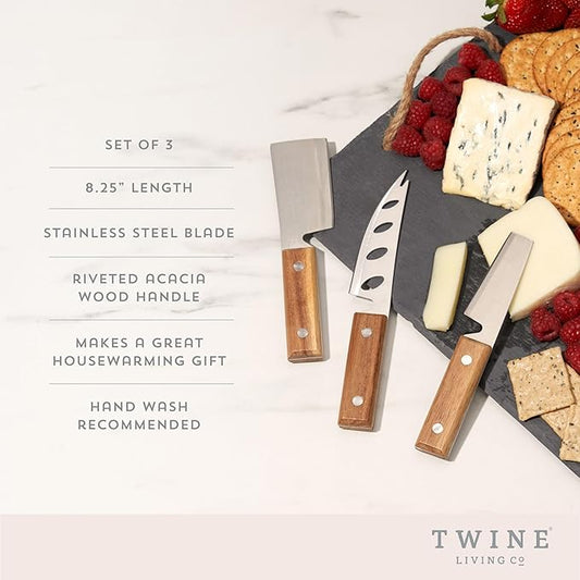 Twine Rustic Cheese Knife Set - Stainless Steel Knife Set - Charcuterie Tools Cheese Board Accessories - Stainless Steel and Wood, Set of 3