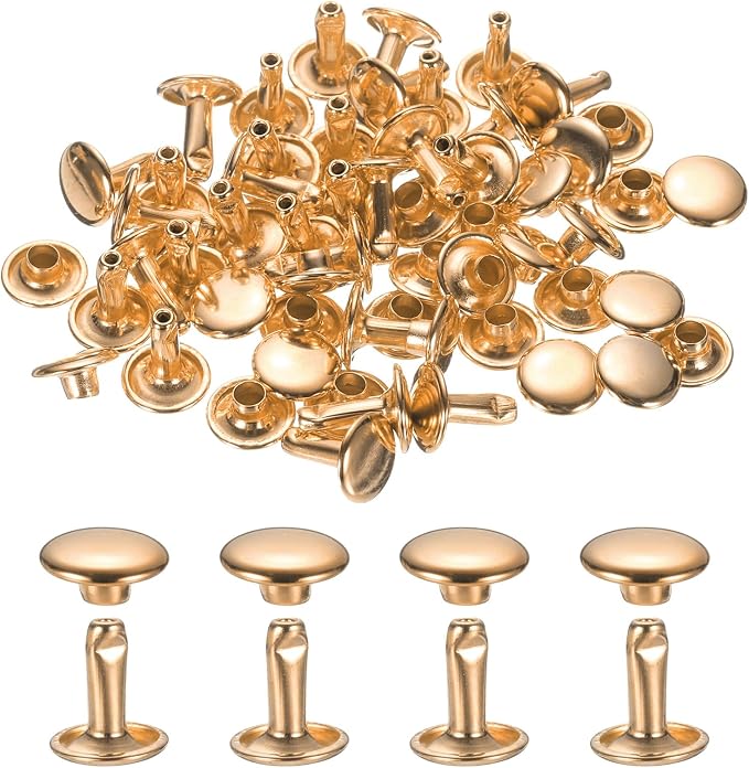 uxcell 120Set Leather Rivets, 7mm Double Cap Rivet Tubular Metal Studs Repairs Decoration Craft Accessories for Repair Decorate Leather Craft Belt Bag Shoes Purse Belts, Light Gold