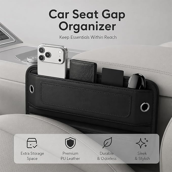 Car Gap Seat Filler, 2 Pack Seat Gap Filler Organizer with Storage Pocket, PU Leather Front Seat Organizer for Phone, Keys, Wallet, Cards and Sunglasses, Universal Fit for Cars SUVs Trucks
