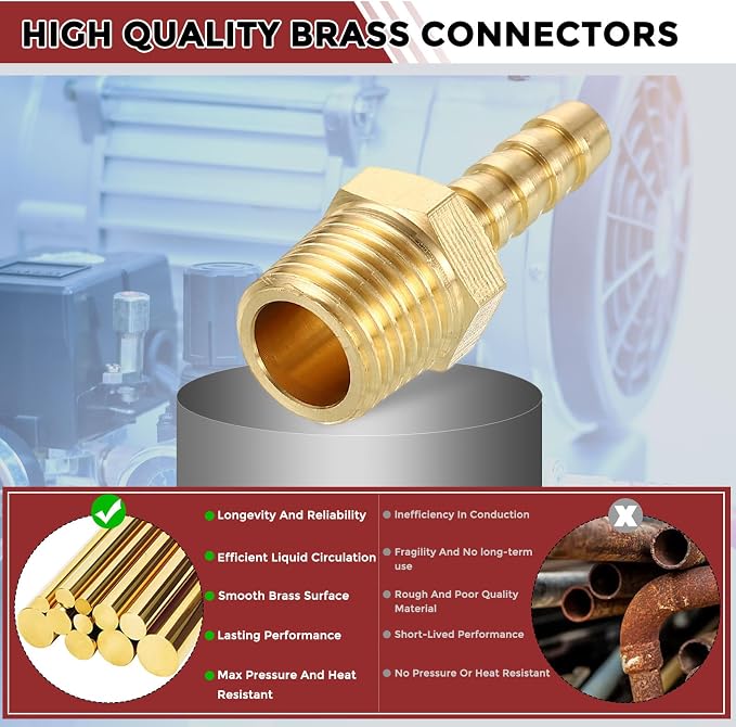 Pack of 2 Solid Brass Hose Barb Fittings 1/4" Hose Barb to 1/4" NPT Male Fittings for Home Machines, Massage Bathtubs, Air Compression and Irrigation Systems