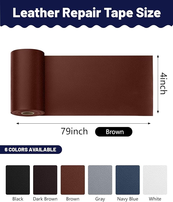 BOUYEER Leather Repair Patch Tape Kit,Self Adhesive Leather Repair for Sofa，Car Seat,Office Chair,Furniture,Jacket,Waterproof Strong Adhesive Vinyl Repair Kit. 4 in x 79 in,Fine Grained Brown