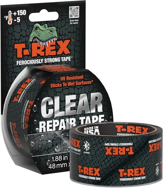 T-REX Ferociously Strong Repair Tape, Sticks to Wet Surfaces, All Weather and UV Resistant, 1.88" x 9 Yards, Clear, 1-Roll (241535)