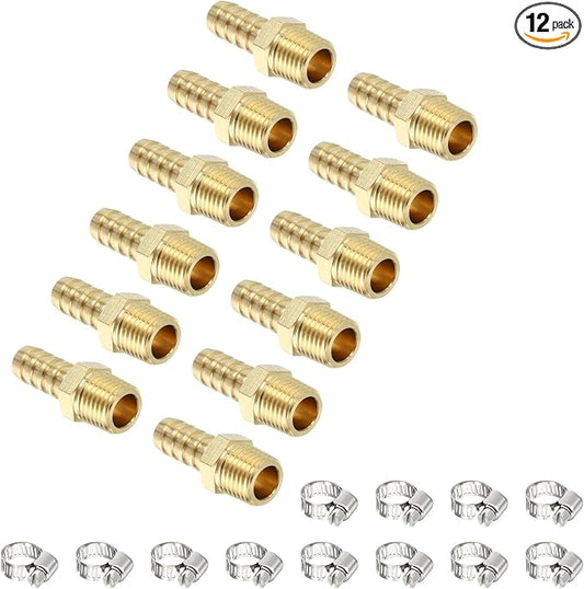 Pack of 12 Brass Hose Barb Fittings 3/8" Hose Barb to 1/4" NPT Male Fittings with 12pcs Stainless Steel Hose Clamps for Home Machines, Massage Bathtubs, and Irrigation Systems