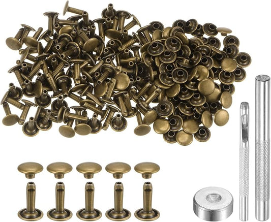 HARFINGTON 100 Sets Leather Rivets 12 x 9mm Metal Double Cap Rivet Snaps Studs Fasteners with 3pcs Setting Tools for Leather Craft DIY Repair Decoration, Bronze