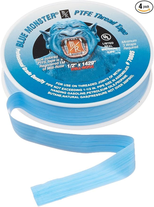 Mill-Rose 70885 Blue Monster PTFE Pipe Thread Sealant Tape, 1/2-Inch x 1429-Inches, Blue. Pack of 4