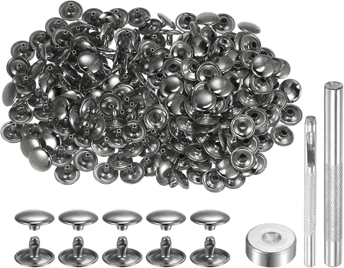 HARFINGTON 100 Sets Leather Rivets 8 x 12mm Metal Double Cap Rivet Snaps Studs Fasteners with 3pcs Setting Tools Rivets for Leather Craft DIY Repair Decoration, Gunmetal