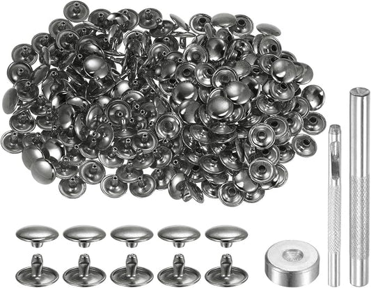HARFINGTON 100 Sets Leather Rivets 8 x 12mm Metal Double Cap Rivet Snaps Studs Fasteners with 3pcs Setting Tools Rivets for Leather Craft DIY Repair Decoration, Gunmetal