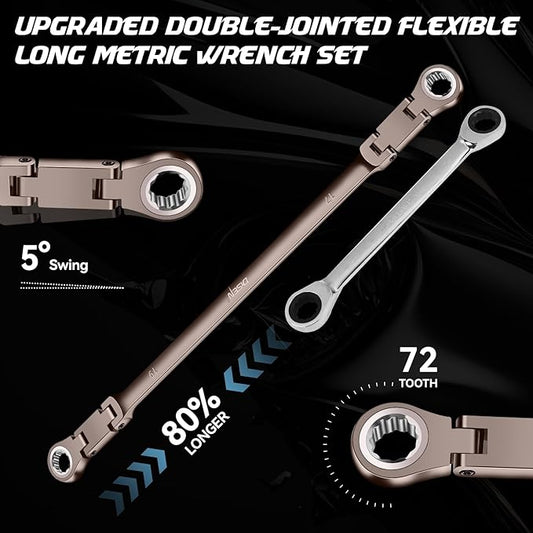 DISEN Upgraded Double Jointed Extra Long Flex Head Ratchet Wrench Set, 6 PCS Metric 8-19mm Box End Ratcheting Wrench set with Magnetic Pickup Tool, 72-Teeth, Cr-V Steel,12 Point, Grey Nickel