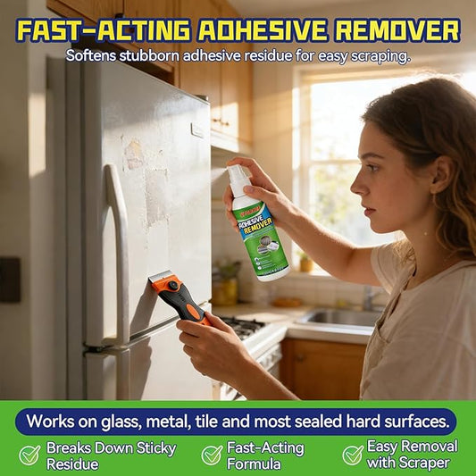 Adhesive Remover Spray Kit, 4 fl oz Sticker Remover for Labels, Glue, Residue, Tape, Decals, Fast Acting Glue Remover Includes Scraper and 10 Extra Plastic Razor Blades for Home, Car, Glass, Metal