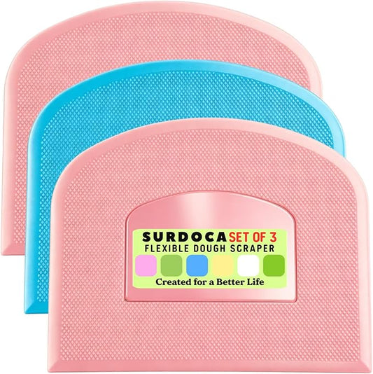 SURDOCA Dough Scraper Bench Scraper - 3P 13x7.9" Plastic Flexible Bowl Scraper, Sharp Edge & Angles Cake Scraper. Non-Slip Bakeware Decorating Tools Sculpting & Modeling Tools - Pink+Blue+Pink