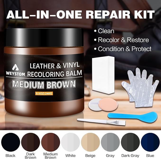 Leather Recoloring Balm - Medium Brown Leather Repair Kit for Furniture, Dye, Recolor, Renew, Repair & Restore Aged, Faded, Cracked, Peeling and Scuffed