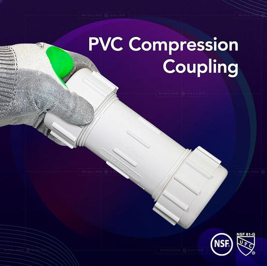 Midline Valve 582DD300 PVC Compression Coupling Pipe Fitting; 3 in.; White Plastic