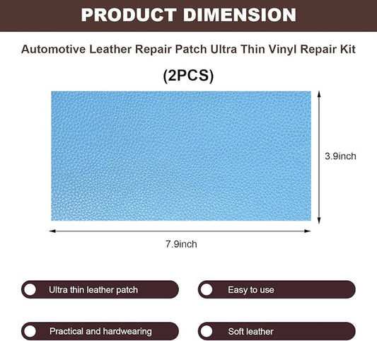 2 PCS Leather Repair Patch Tape, 4 x 8 Inch PU Vinyl Repair Patches for Car Upholstery Seat, Waterproof Self Adhesive Leather Tape Repair Kit for Furniture Couches Chairs (Sky Blue)