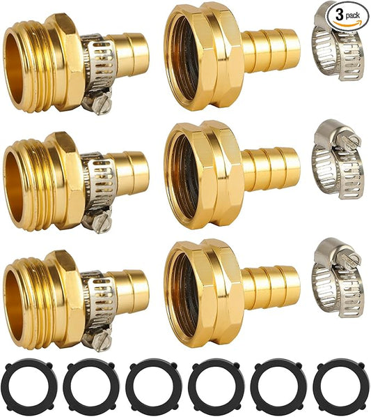 3 Set Garden Hose Repair Connector Kit with Clamps, Fit for 1/2" Garden Hose Fitting,1/2" Barb x 3/4" GHT Garden Hose Adapter/Fittings, Water Hose Repair Kit