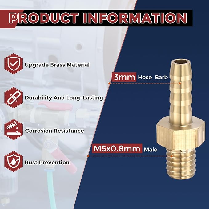 Pack of 6 Brass Hose Barb Fittings Adapter Connector 3mm Hose Barb to M5x0.8mm Male Fittings for Home Machines, Massage Bathtubs, and Irrigation Systems