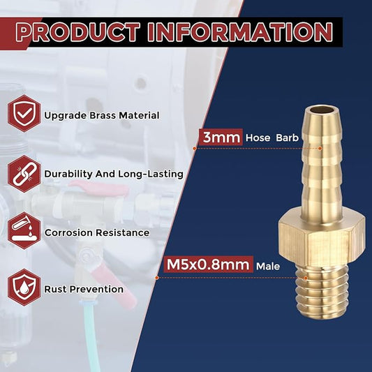 Pack of 6 Brass Hose Barb Fittings Adapter Connector 3mm Hose Barb to M5x0.8mm Male Fittings for Home Machines, Massage Bathtubs, and Irrigation Systems