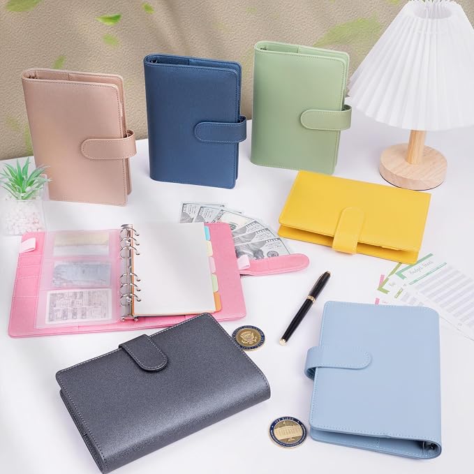 Antner A6 Notebook Binder Refillable 6 Ring Budget Binder Cover for A6 Refill Paper, PU Leather Budget Planner Organizer with Magnetic Buckle, Loose Leaf Personal Planner, Matcha Green